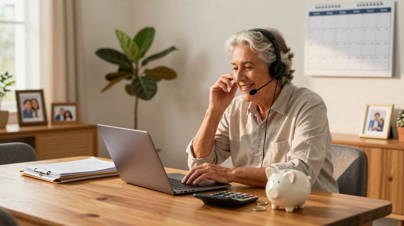 Mulher idosa sorrindo usando headset enquanto trabalha em laptop em mesa com cofrinho e calculadora.