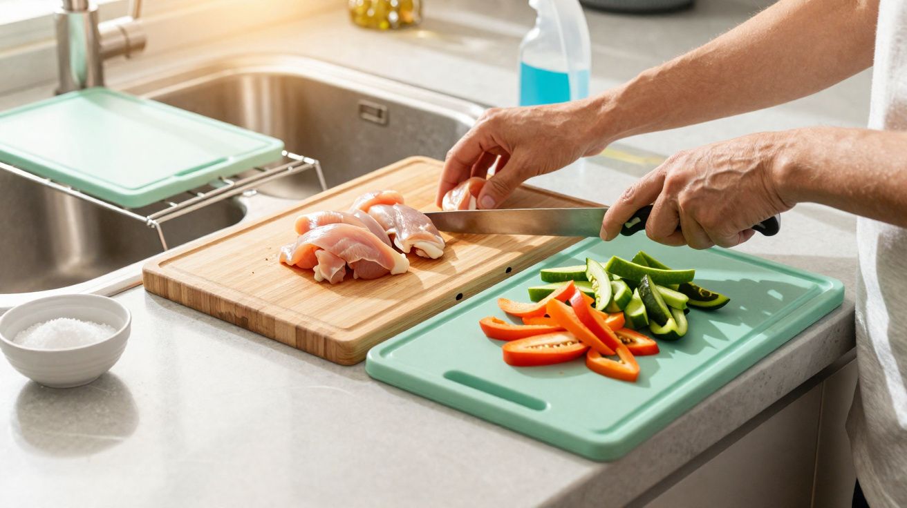 Pessoa cortando frango em tábua de madeira com legumes cortados ao lado em tábua verde na cozinha.