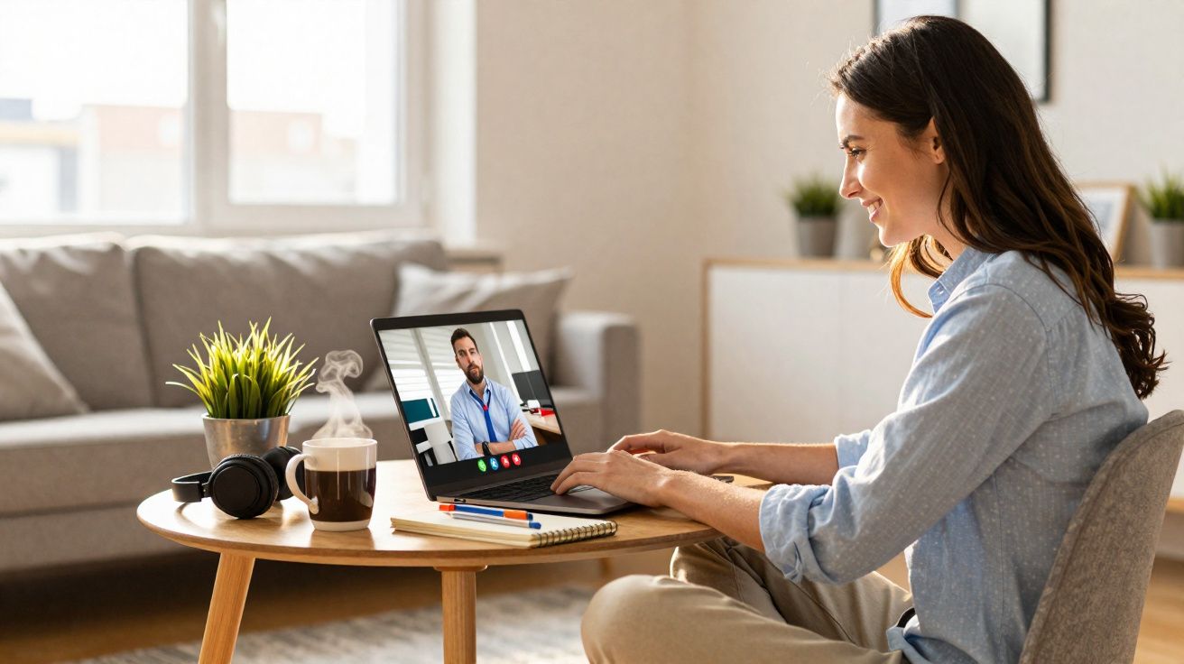 Mulher sentada à mesa em videochamada com médico no laptop, com café, caderno, fones e planta ao lado.