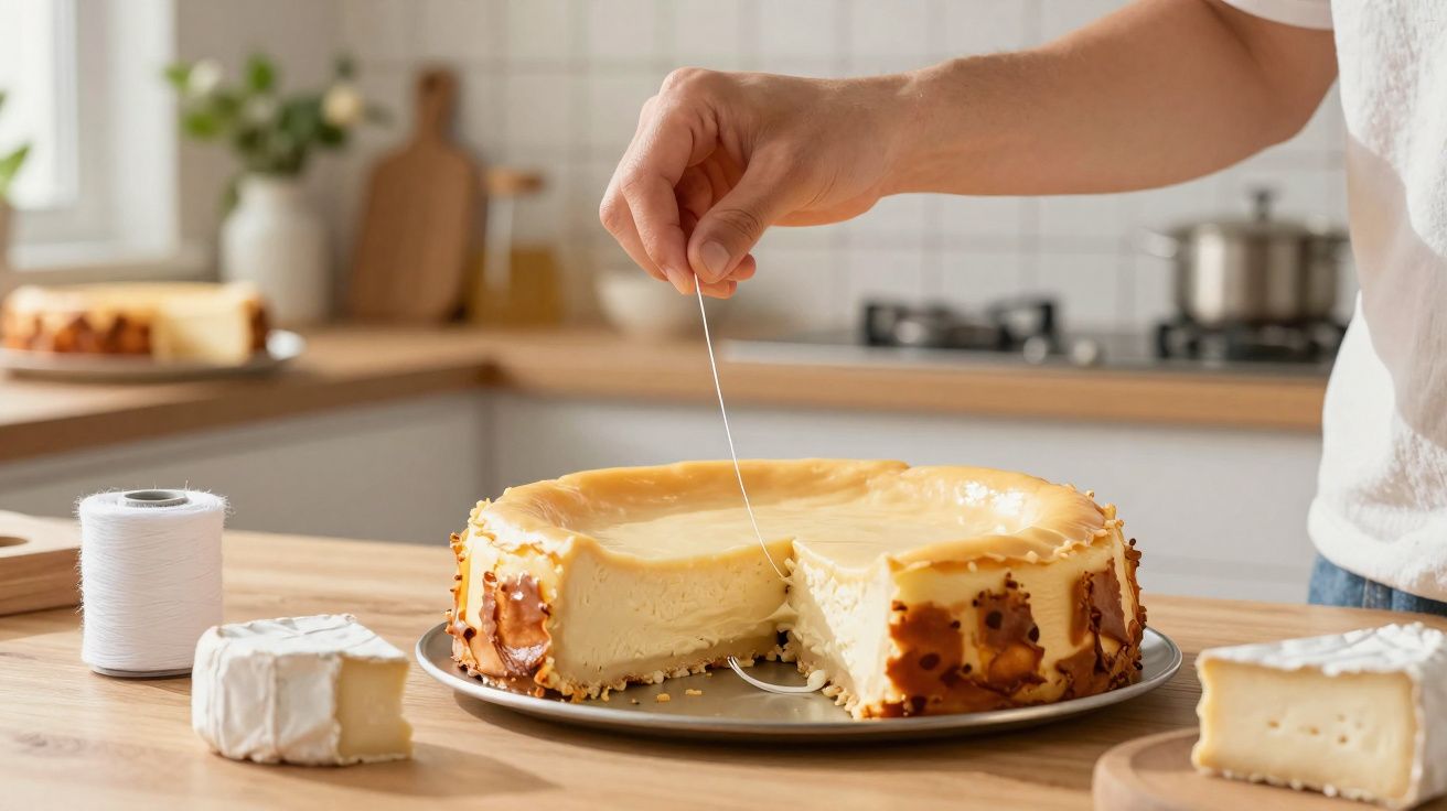 Pessoa cortando cheesecake cremoso em cozinha acolhedora com queijos brancos ao redor.