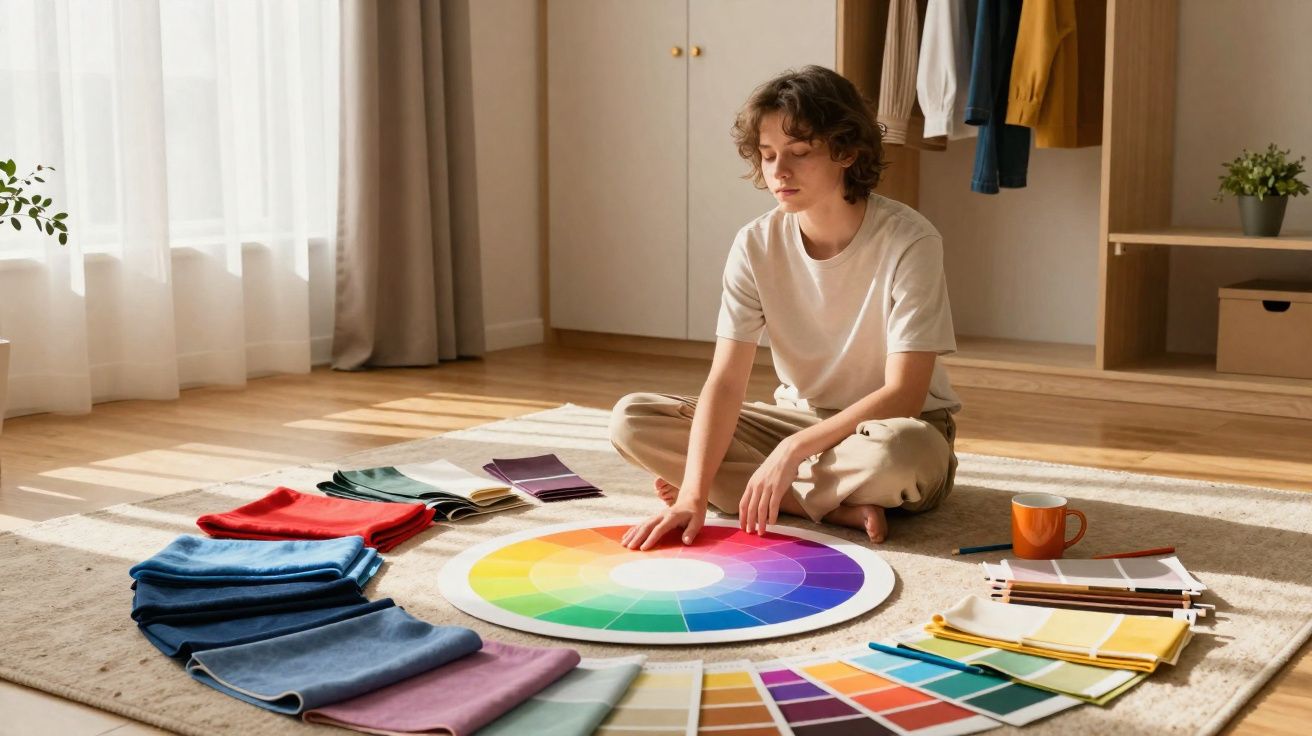 Pessoa sentada no chão analisando um círculo cromático e amostras de tecido coloridas em um quarto iluminado.