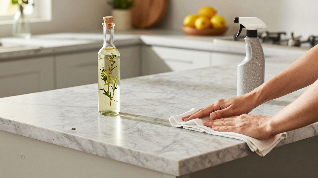 Mãos limpando bancada de cozinha em mármore com pano branco e borrifador ao fundo.