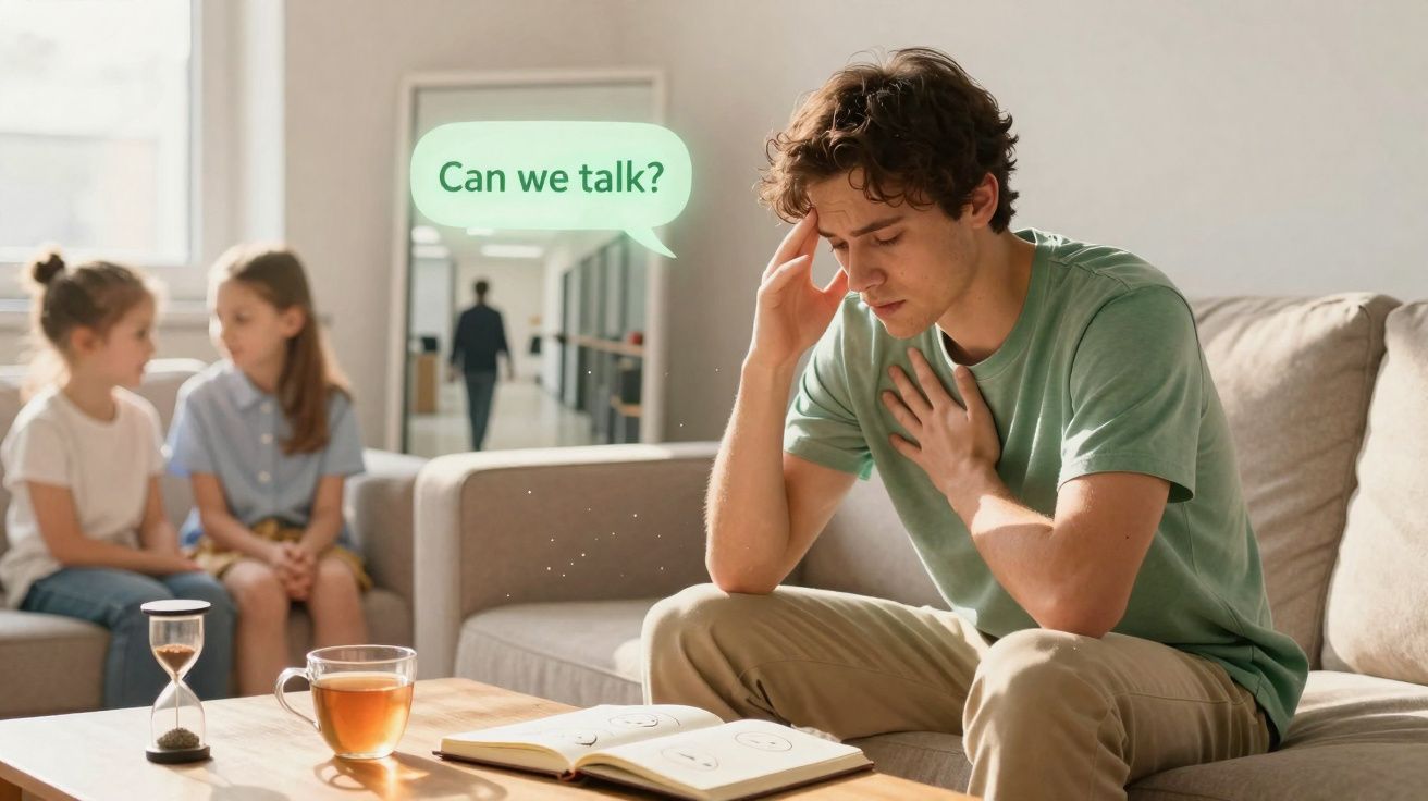 Homem aflito sentado no sofá com mão no peito e na cabeça, duas meninas conversando ao fundo.