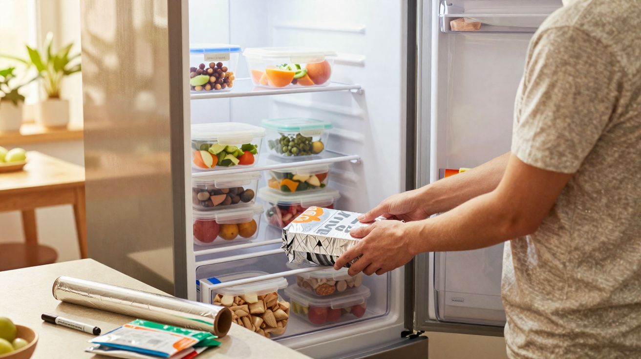 Pessoa guardando comida em recipiente reciclável dentro da geladeira cheia de potes transparentes com alimentos.