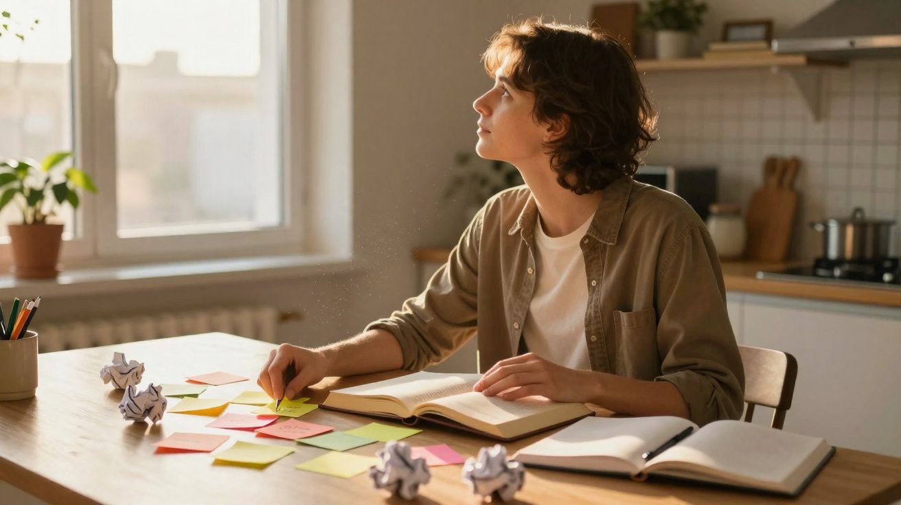 Pessoa jovem sentada à mesa, olhando pela janela, com livros abertos e papéis coloridos espalhados.