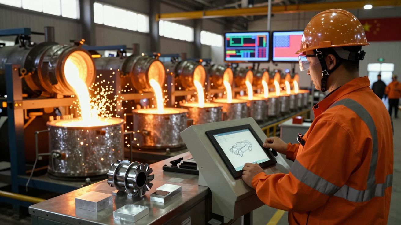Trabalhador com capacete e óculos controla processo industrial de fundição de metal em fábrica com monitores e máquinas.