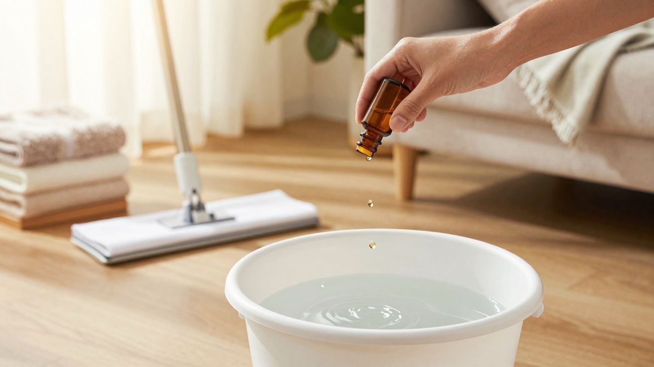 Mão pingando óleo essencial em balde com água para limpeza, mop e toalhas ao fundo em ambiente claro.