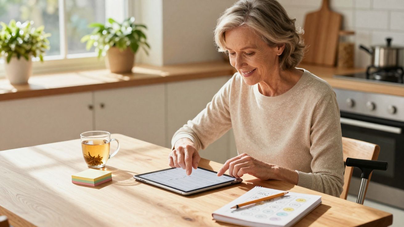 Mulher madura usando tablet sentada à mesa na cozinha com chá, bloco de notas e lápis ao lado.