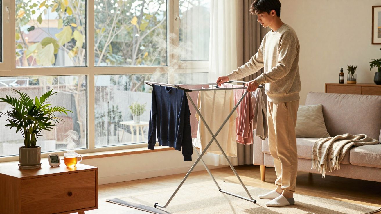 Homem pendura roupas em varal portátil na sala iluminada com sofá e janela grande ao fundo.