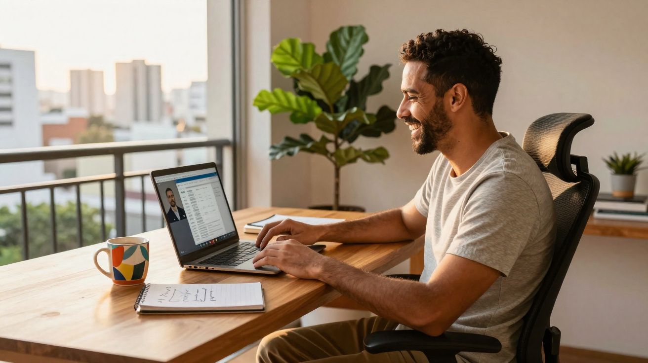 Homem sorridente usando laptop em mesa de madeira com caderno e caneca, ambiente claro e planta ao fundo.