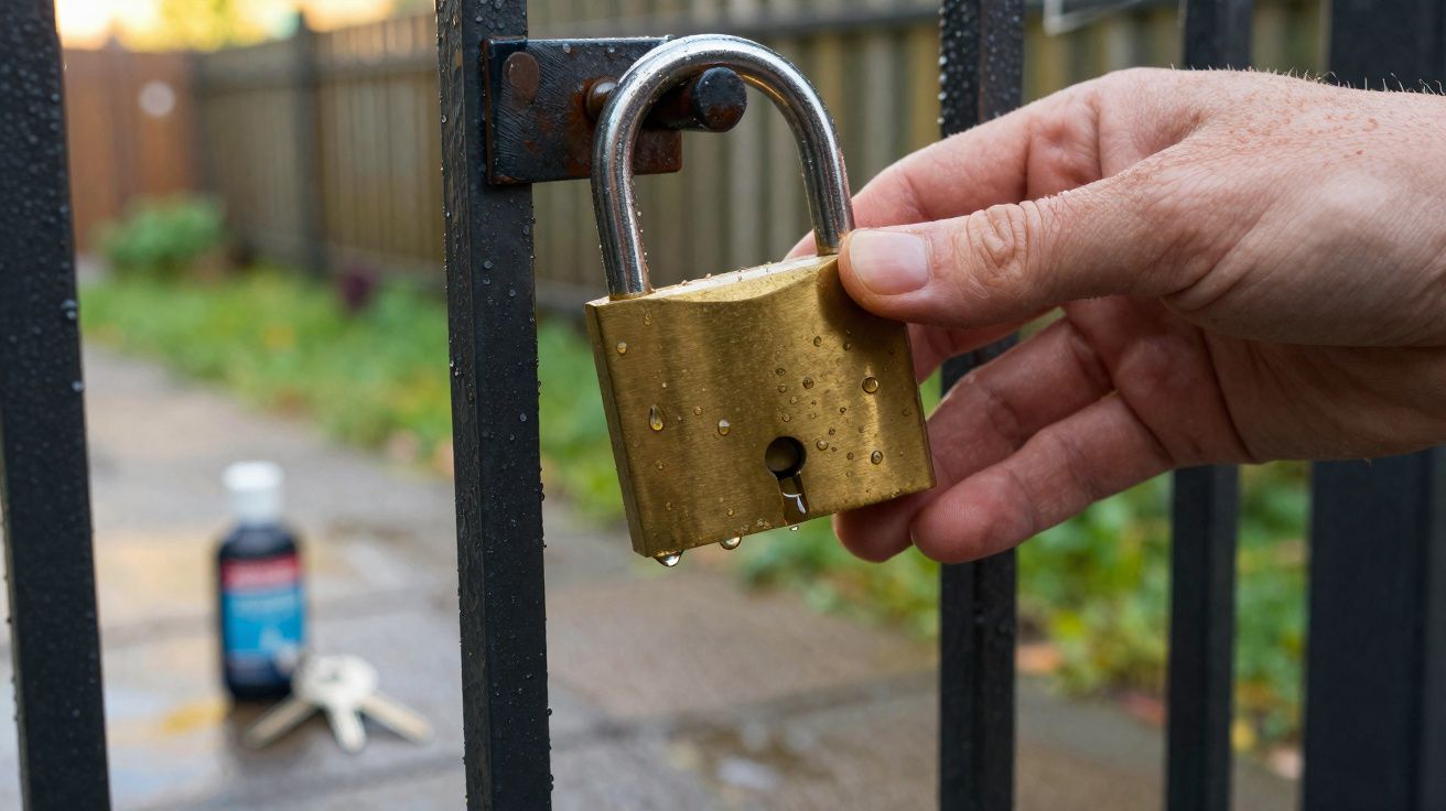Mão masculina segurando cadeado dourado molhado em grade preta, com chaveiro e óleo lubrificante no fundo desfocado.