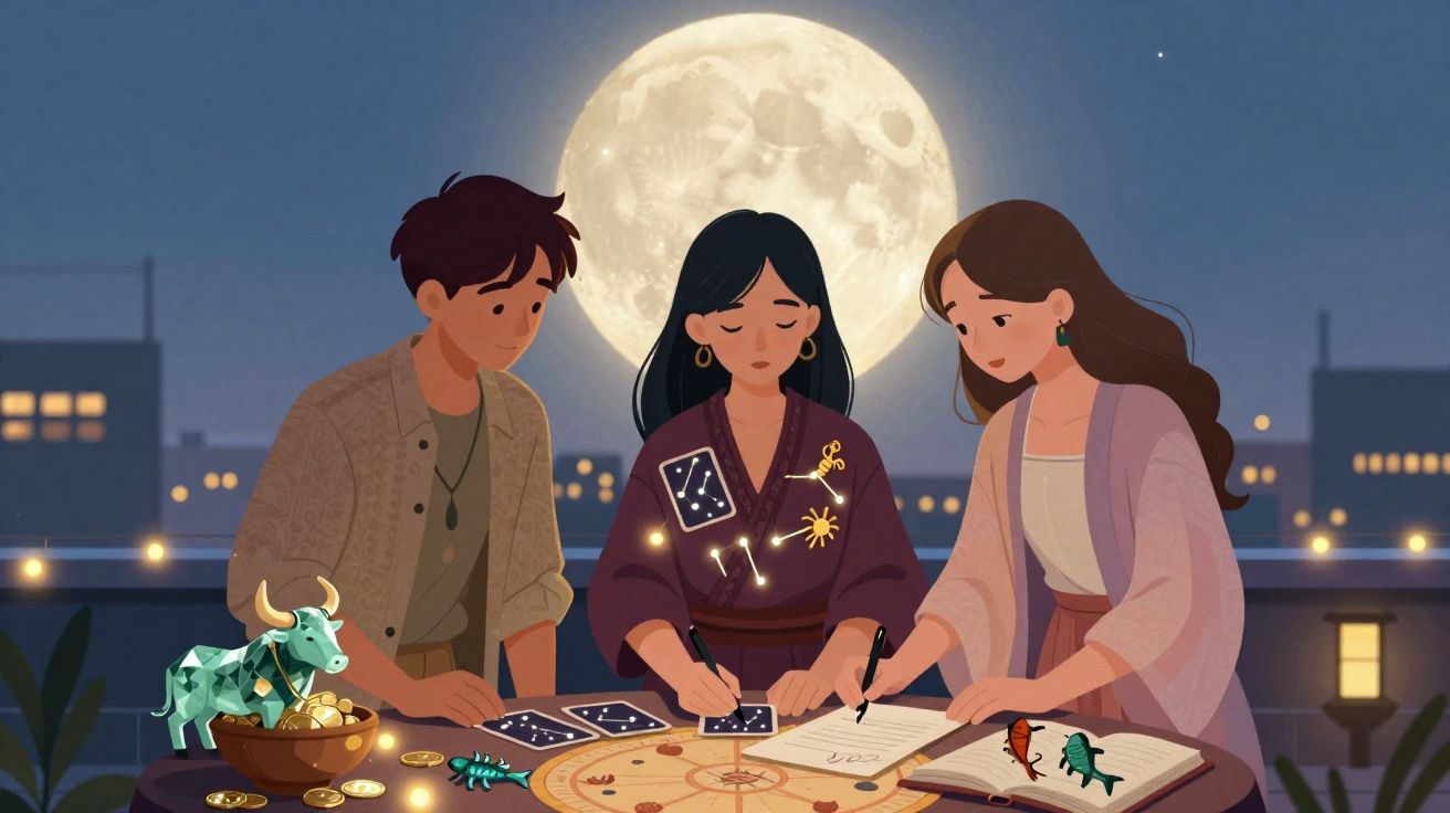 Três pessoas fazendo leitura de tarô e astrologia à luz da lua cheia em um terraço à noite.