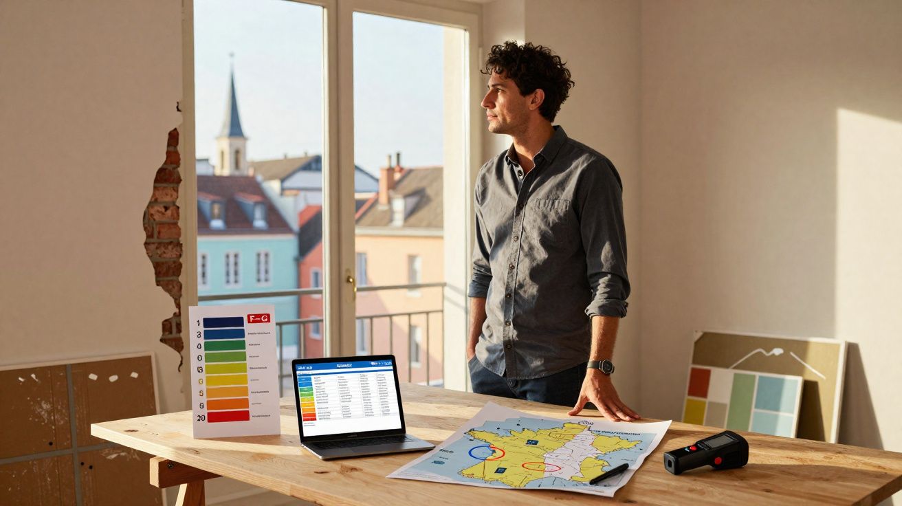 Homem em escritório com planta, notebook e gráfico de eficiência energética olhando pela janela.