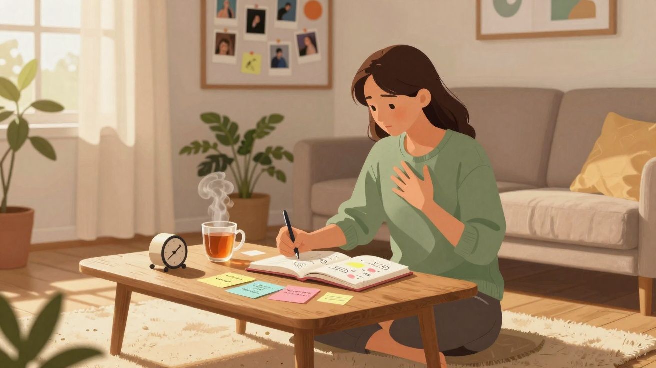 Mulher sentada no chão escrevendo em agenda com chá, relógio e notas coloridas em mesa de madeira.