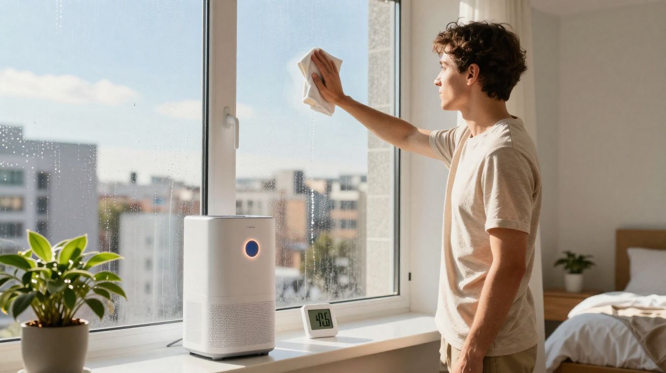 Jovem limpando janela em ambiente interno com purificador de ar e planta ao lado.
