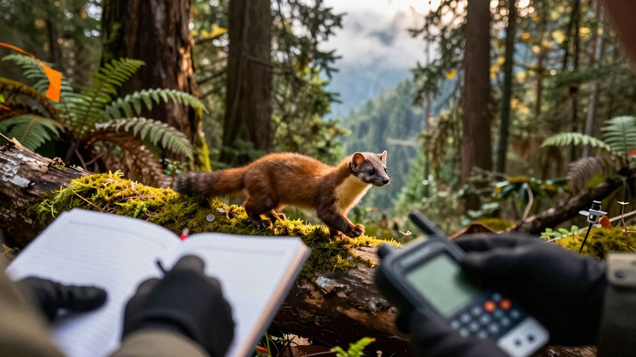 Mustela erminea sobre tronco coberto de musgo em floresta, com pessoa fazendo anotações e usando rádio comunicador.