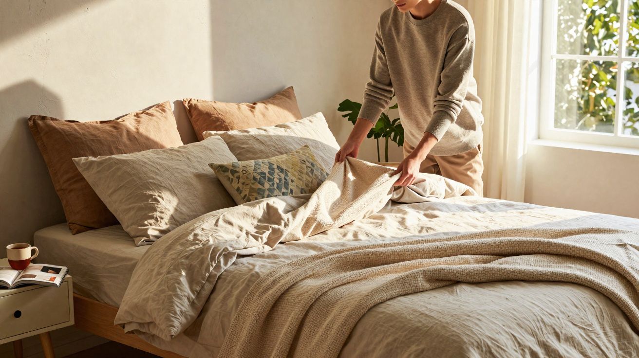 Pessoa arrumando cama com várias almofadas em quarto iluminado por luz natural.