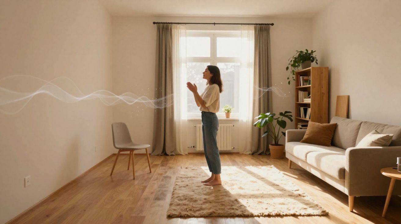 Mulher em pé em sala iluminada pelo sol, com sofá, tapete, cadeira e estante de livros ao fundo.