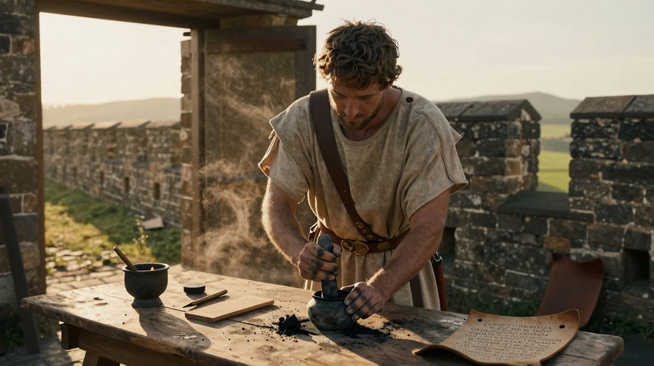 Homem vestido com traje antigo usando almofariz em mesa de madeira com pergaminho e utensílios ao ar livre.