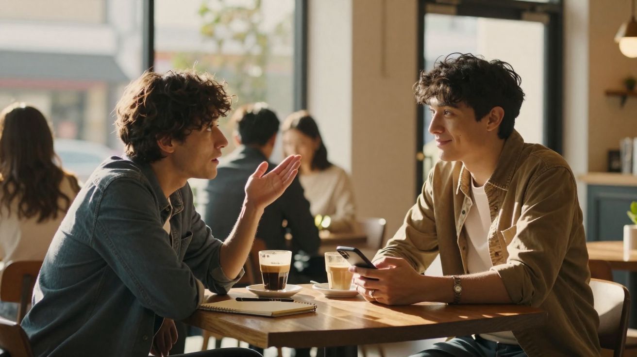 Dois jovens conversando em cafeteria com bebidas sobre a mesa e celular nas mãos de um deles.
