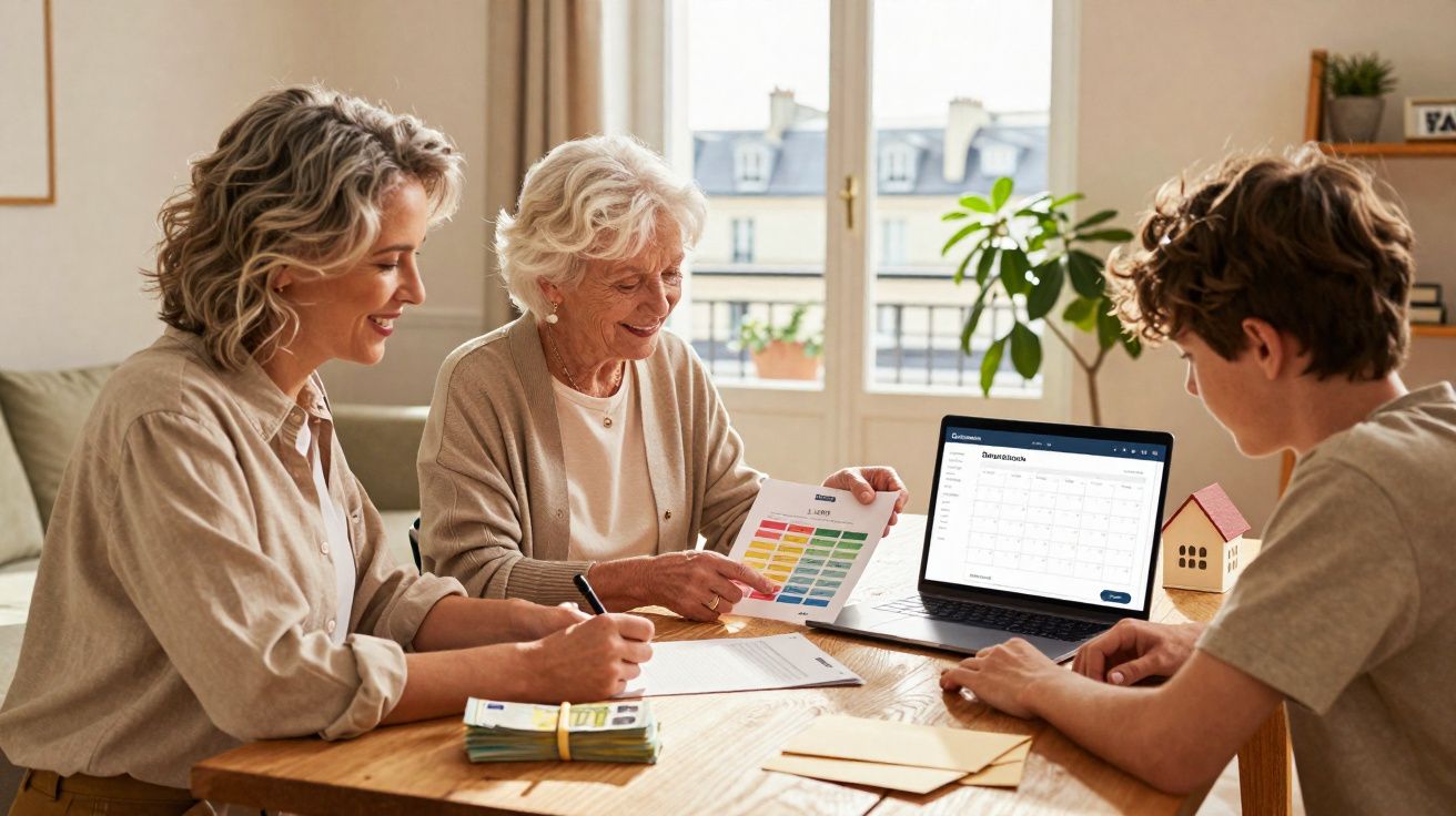 Três gerações de mulheres sentadas à mesa, discutindo finanças com documentos e computador.