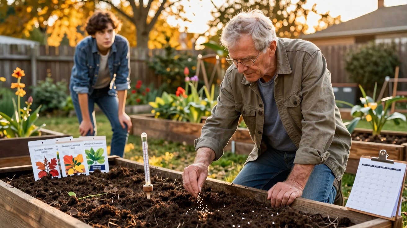 Homem idoso plantando sementes em canteiro com jovem observando em jardim ensolarado.
