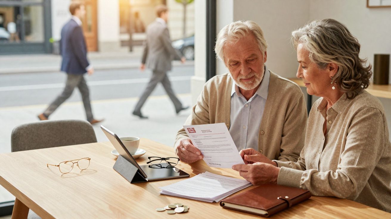 Casal idoso sentado à mesa lendo documentos com tablet e copo de café em ambiente com janela para rua.