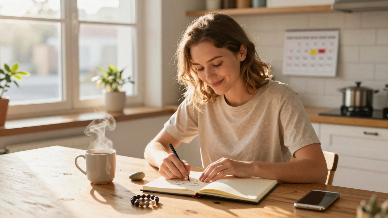 Mulher sorridente desenha em caderno sentada à mesa com xícara de café quente e celular ao lado.