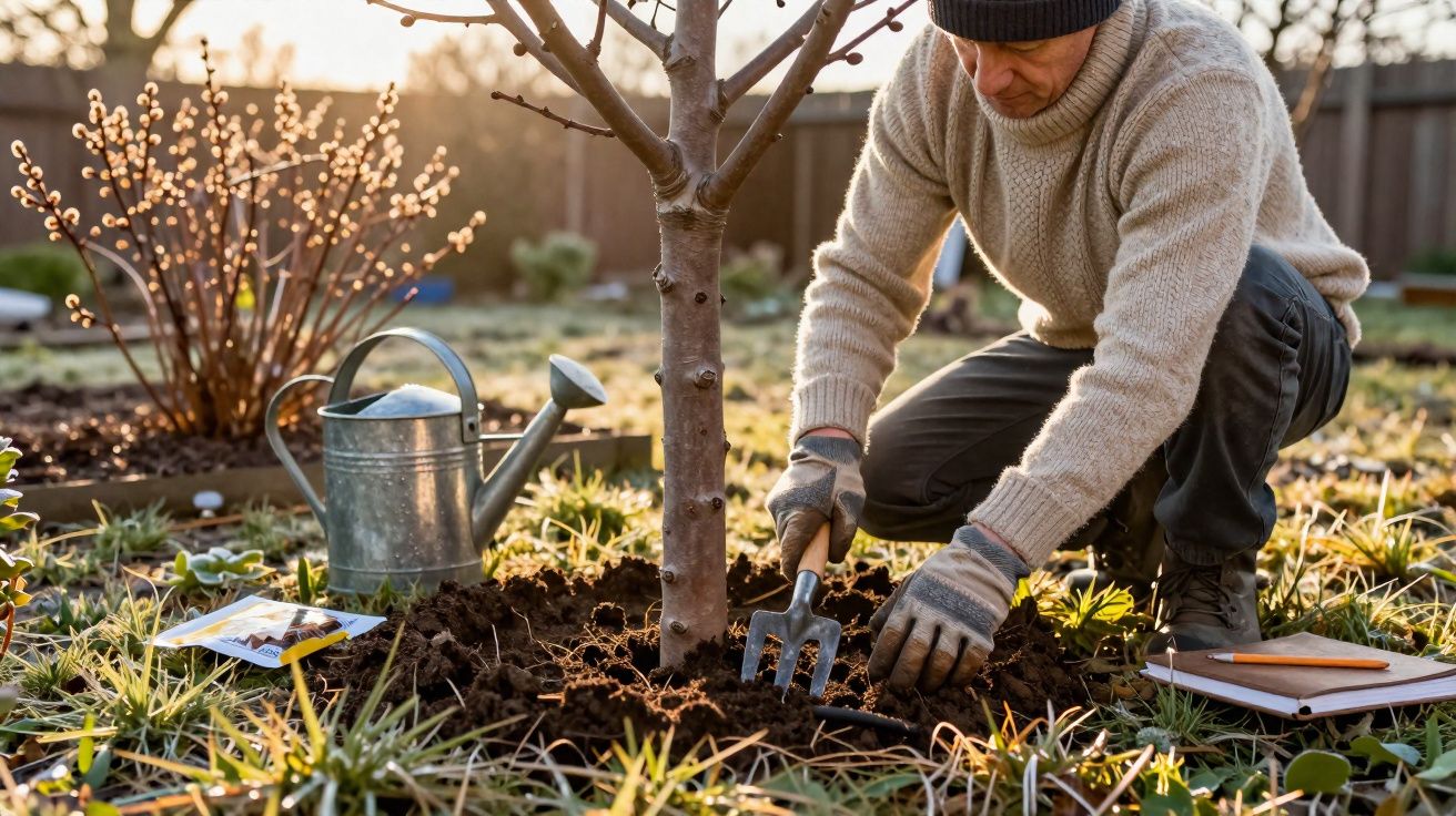 Homem agachado cuidando do solo ao redor de uma árvore jovem em um jardim ao amanhecer.
