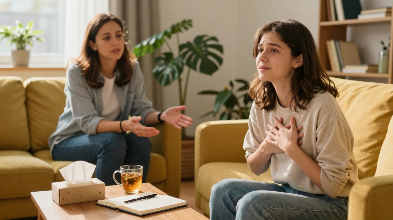 Mulher jovem emocional segurando o peito enquanto conversa com terapeuta em ambiente acolhedor.