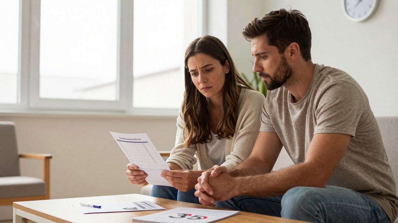 Casal preocupado analisando documentos financeiros em uma sala clara e organizada.