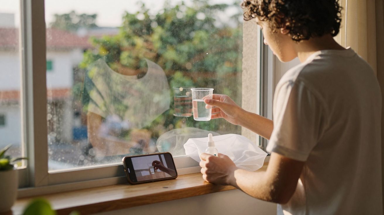 Pessoa segurando copo com água e frasco conta-gotas, olhando celular apoiado na janela.