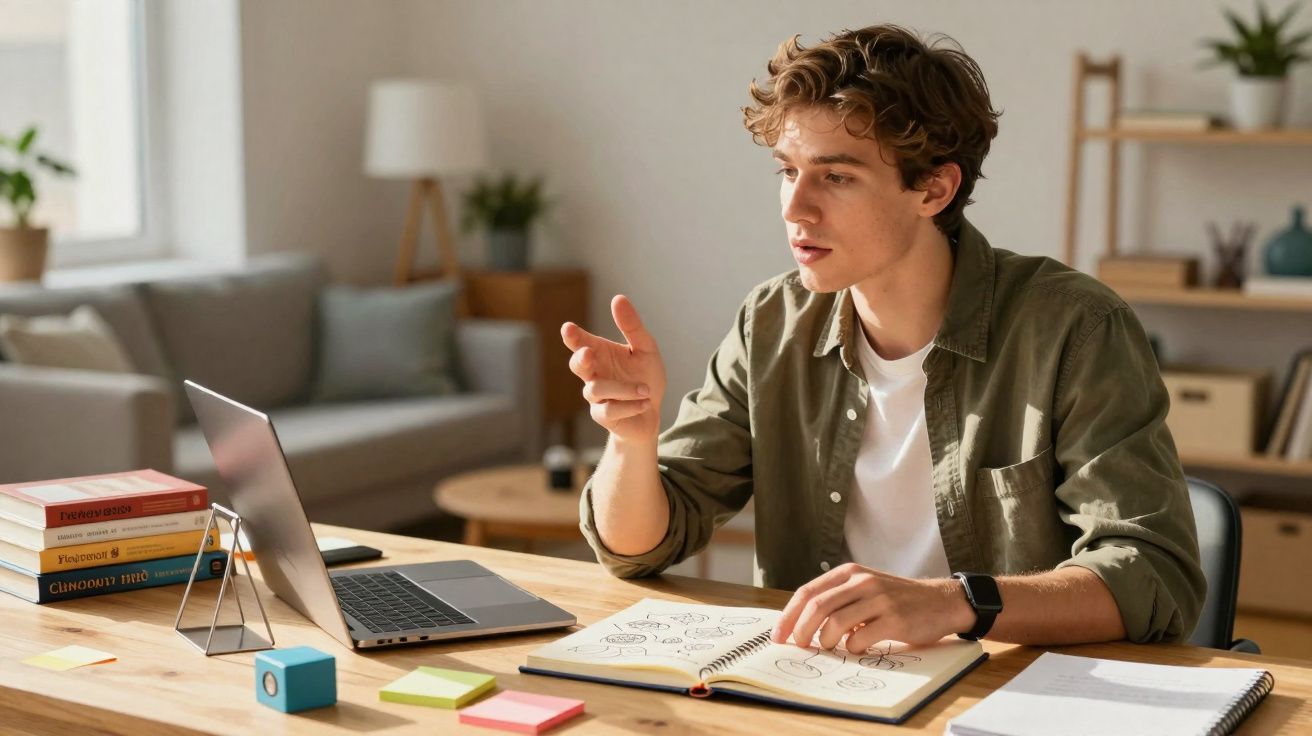 Jovem estudando em casa com notebook, caderno aberto e livros em mesa de madeira.