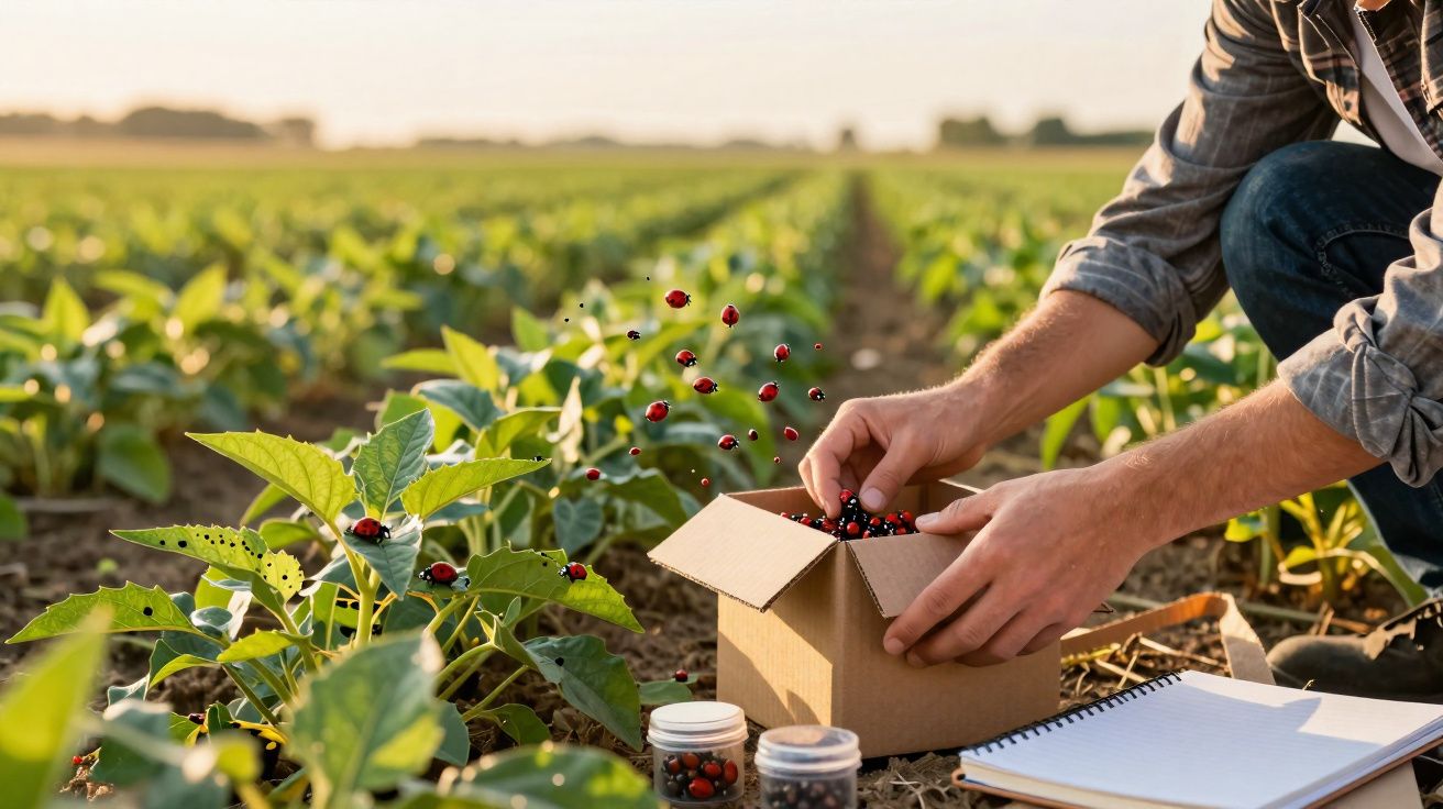 Pessoa colhendo joaninhas em caixa de papelão em campo agrícola ao pôr do sol, com caderno ao lado.