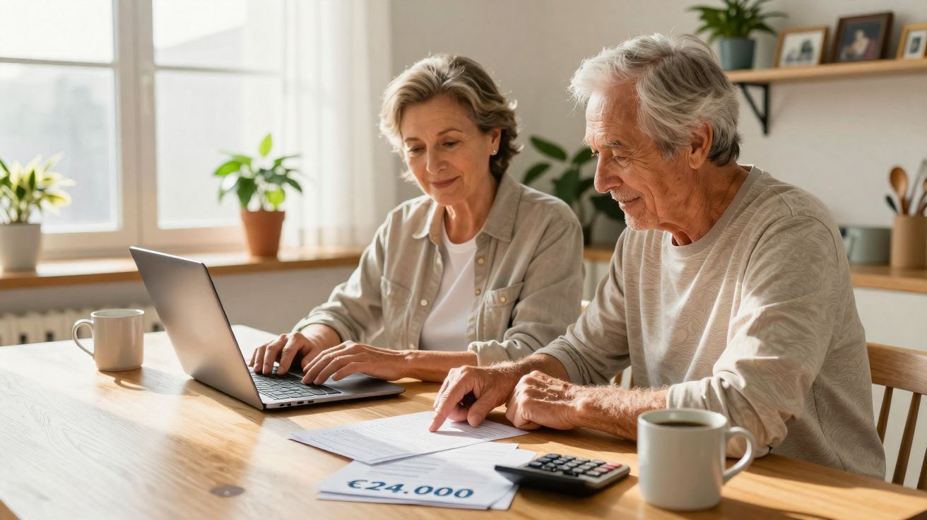 Casal idoso analisando planilhas e documentos financeiros em casa, com laptop e calculadora na mesa.