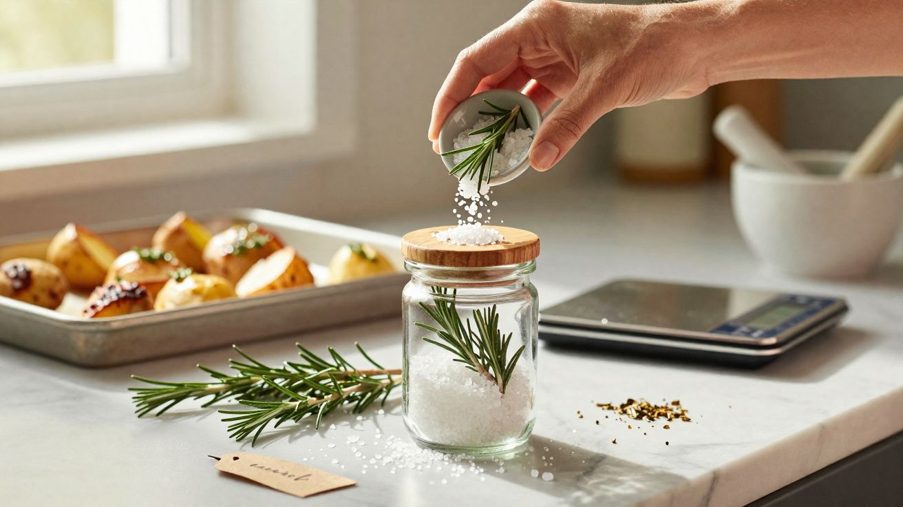 Mão colocando sal com alecrim em pote de vidro sobre bancada de cozinha com batatas assadas ao fundo