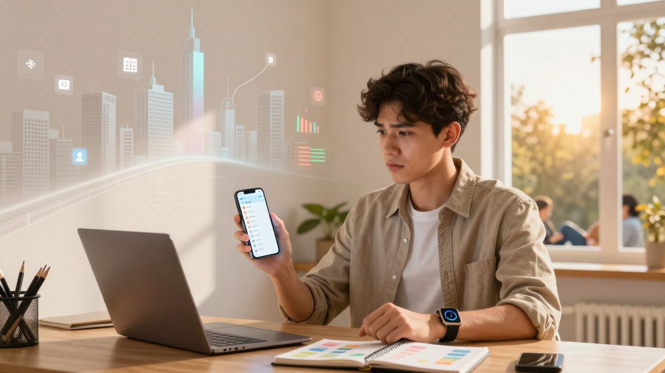 Jovem sentado à mesa com laptop, segurando smartphone e visualizando gráficos digitais sobre cidade futurista.