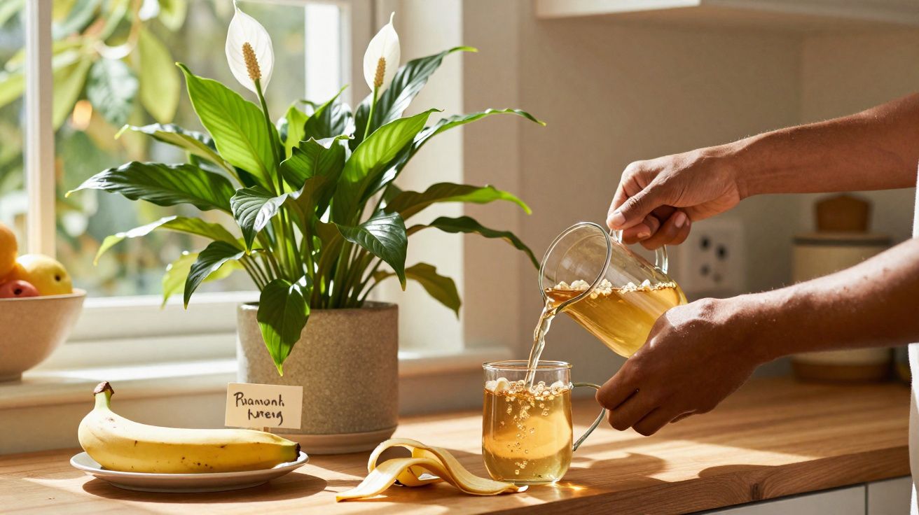 Pessoa despejando chá em caneca sobre bancada de madeira com vaso de planta e banana ao lado.