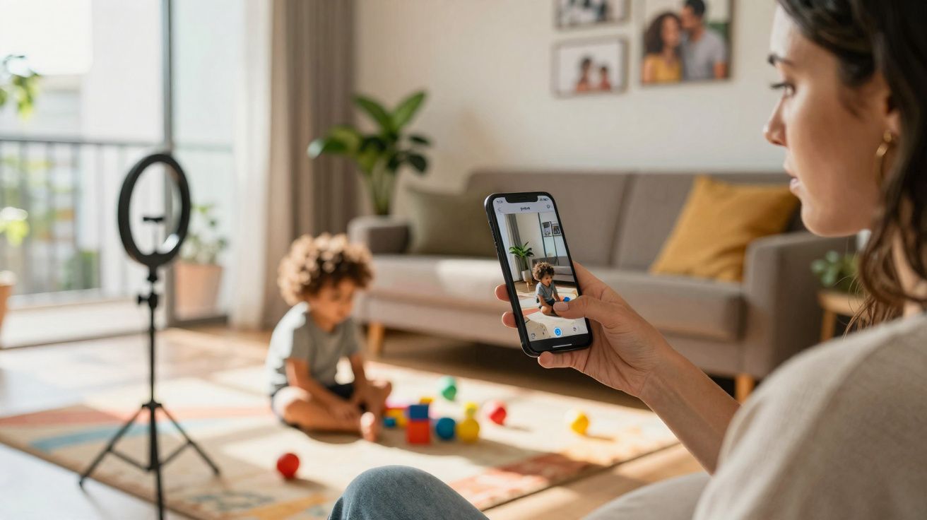 Mulher segura celular gravando criança brincando com blocos coloridos em sala iluminada pela luz natural.