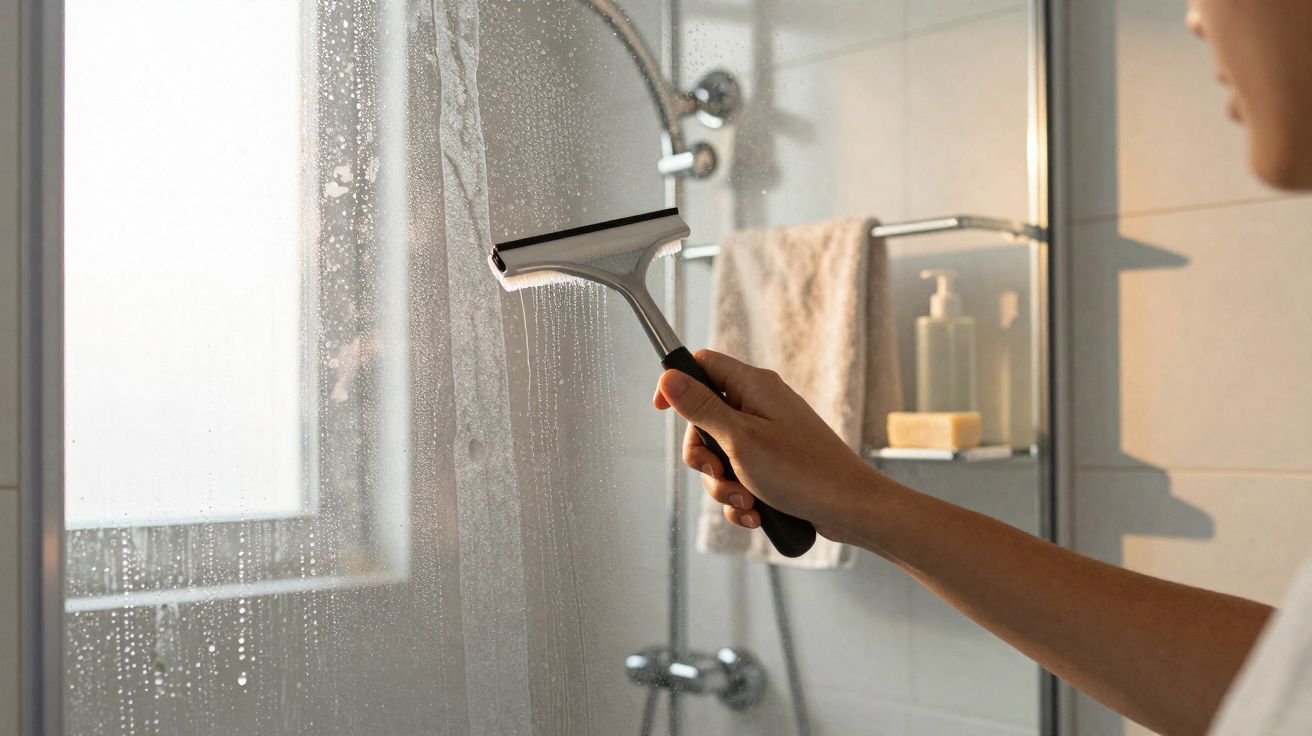 Pessoa limpando vidro de box de banheiro com um rodo, com banheiro ao fundo.
