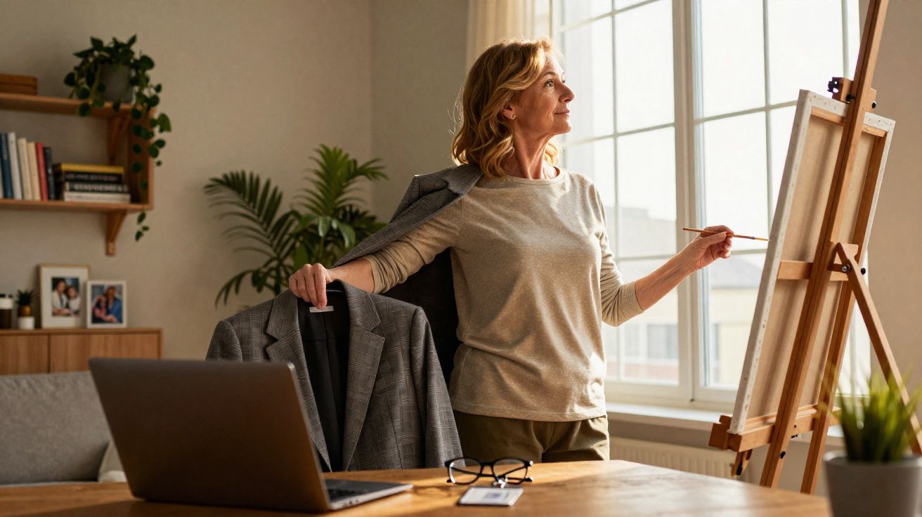 Mulher loira retirando blazer enquanto pinta em estúdio iluminado por luz natural de janela grande.