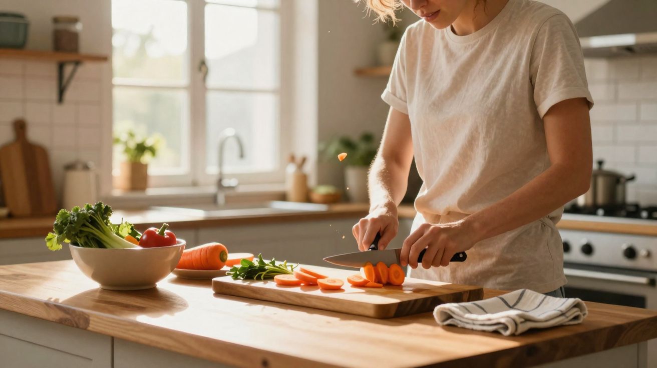 Pessoa cortando cenouras em uma tábua de madeira em cozinha iluminada por luz natural.