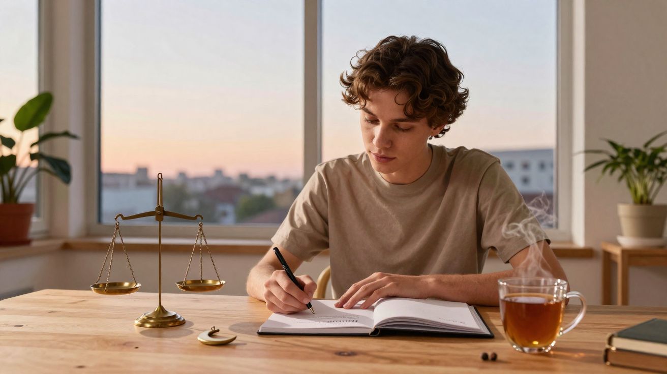 Jovem escrevendo em caderno com balança de justiça e xícara de chá sobre a mesa perto da janela.