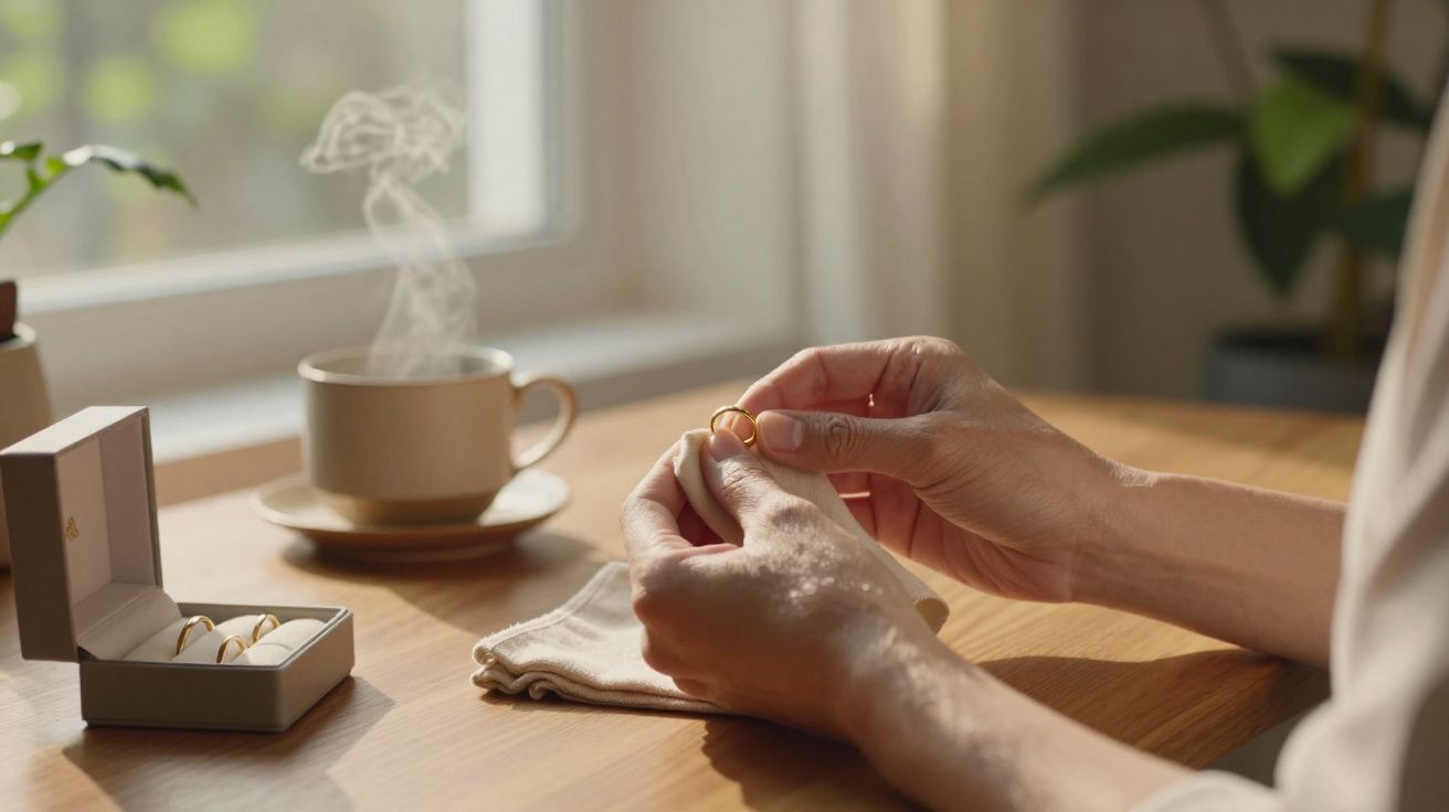 Mãos seguram aliança sobre mesa com caixa de alianças e xícara de café fumegante ao fundo.