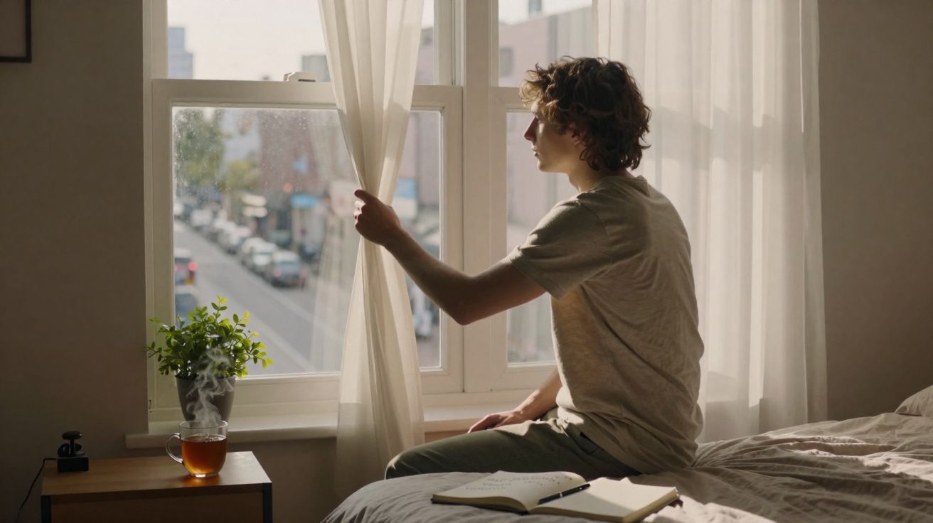 Homem sentado na cama abrindo a cortina e olhando pela janela em ambiente iluminado pela luz natural.