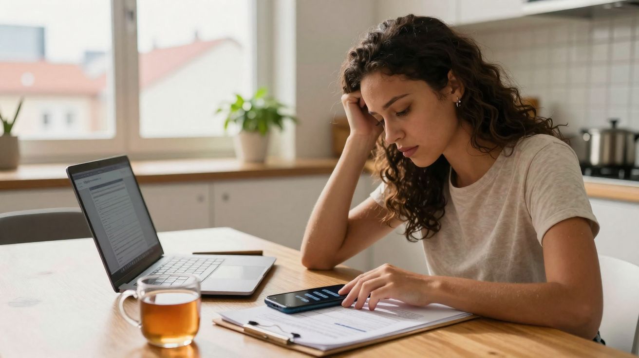 Mulher concentrada revisando documentos com celular e laptop em mesa de cozinha iluminada pela luz natural.