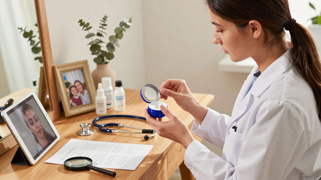 Mulher médica em teleconsulta abrindo pote de creme em mesa com estetoscópio e medicamentos.