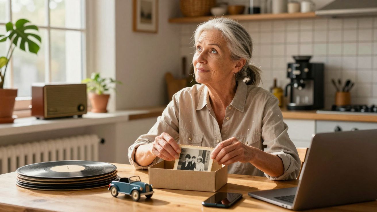 Mulher idosa olhando para janela, segurando foto antiga, sentada à mesa com laptop, brinquedo e discos de vinil.