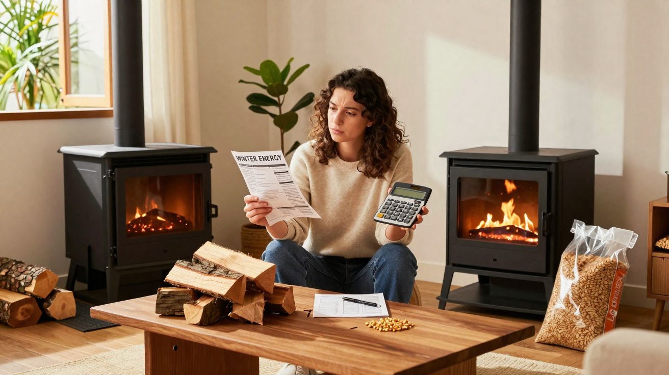 Mulher sentada, analisando conta de energia com calculadora, entre duas lareiras acesas em sala aconchegante.