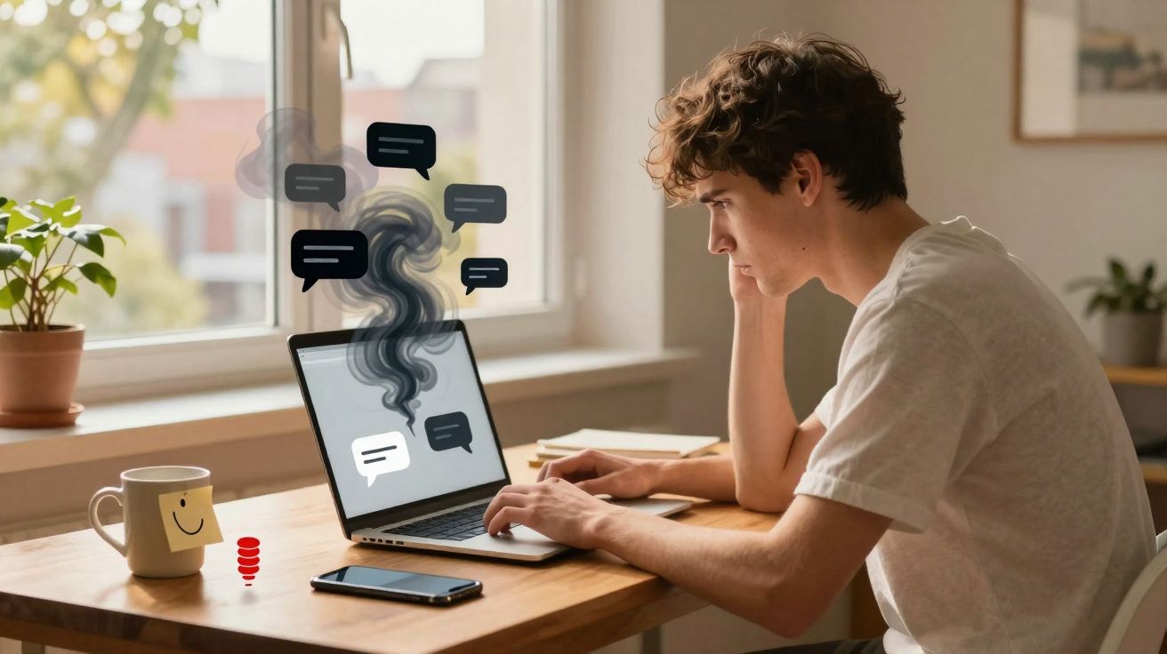 Jovem sentado em mesa com laptop fumegante e balões de conversa na tela, ao lado de caneca e celular.